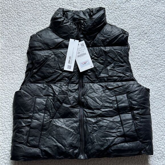 Zara  Leather Crop Puffer Vest Jacket Solid Black Womens Small - Picture 11 of 13